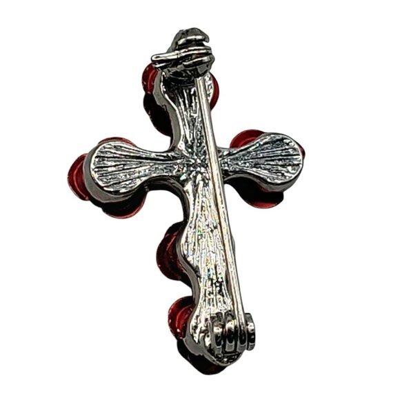 Red Enamel Rose Bud Cross Brooch Glass Rhinestone Accent Silver Tone Back - Picture 6 of 8